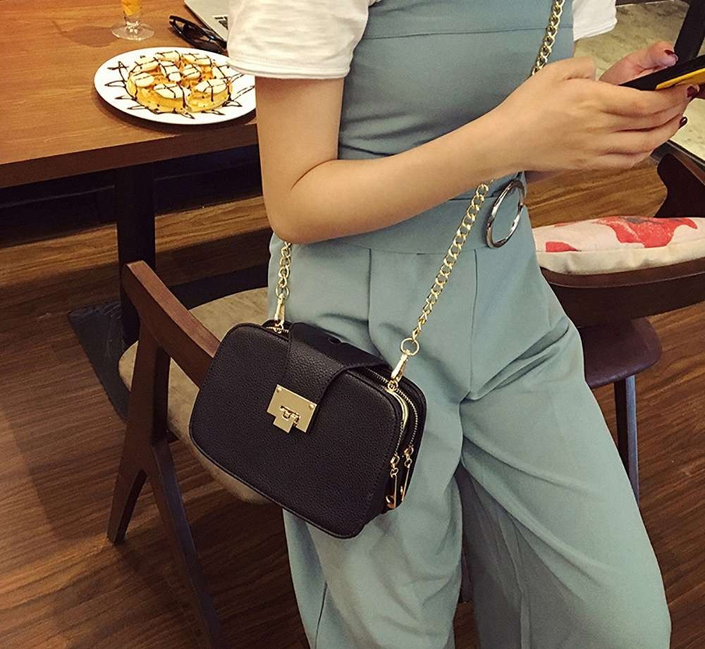 レディース　ミニハンドバッグ　ショルダーチェーン　２ｗａｙ　ＰＵレザー　ジッパー　おしゃれ　可愛い　カジュアル　お出かけ　デート　旅行　デイリー　ブラック　送料無料