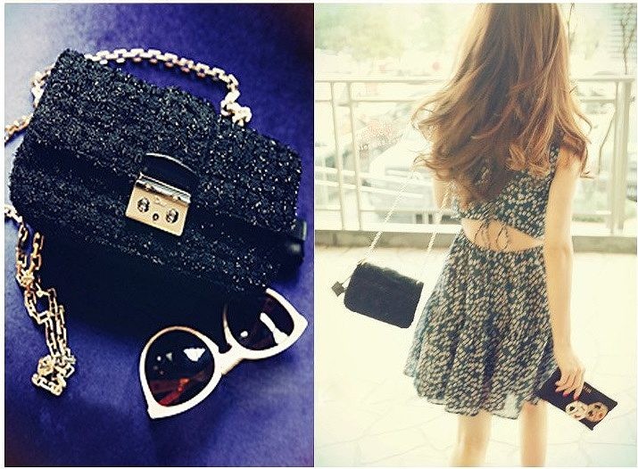 レディース　ハンドバッグ　ショルダーチェーン　ウール　おしゃれ　可愛い　上品　気品　カジュアル　フォーマル　お出かけ　デート　旅行　通勤　ブラック　送料無料