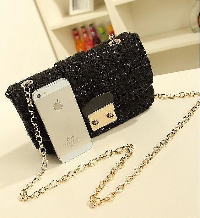 レディース　ハンドバッグ　ショルダーチェーン　ウール　おしゃれ　可愛い　上品　気品　カジュアル　フォーマル　お出かけ　デート　旅行　通勤　ブラック　送料無料