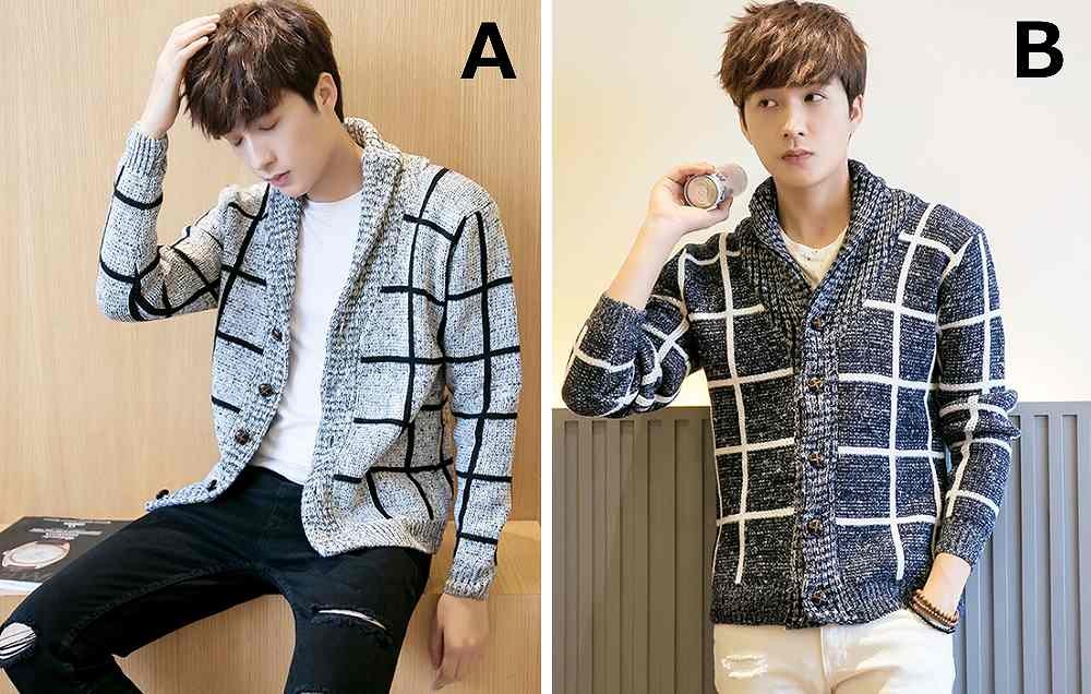 メンズ　ニットカーディガン　ビッグラペル　スクエアチェック　スリム　トップス　ストリート　カジュアル　普段着　デイリー　おしゃれ　ネイビー　グレー　送料無料