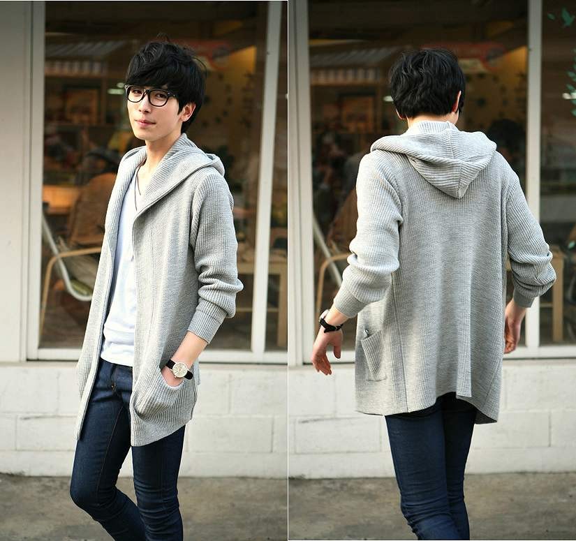 メンズ　ニットフードカーディガン　長袖　ビッグラペル　ストリート　カジュアル　普段着　春秋　デイリー　おしゃれ　グレー　ブラック　送料無料
