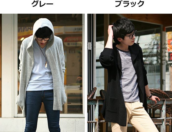 メンズ　ニットフードカーディガン　長袖　ビッグラペル　ストリート　カジュアル　普段着　春秋　デイリー　おしゃれ　グレー　ブラック　送料無料