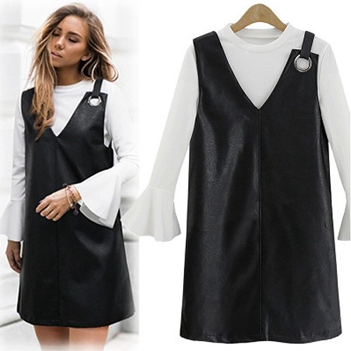 レディース　ワンピース　ノースリーブ　無地　Vネック　スリム　膝上丈　PUレザー　大人カジュアル　パンク　ロック　フリーサイズ　シンプル　リゾート　デイリー　お出かけ　デート　ブラック　送料無料