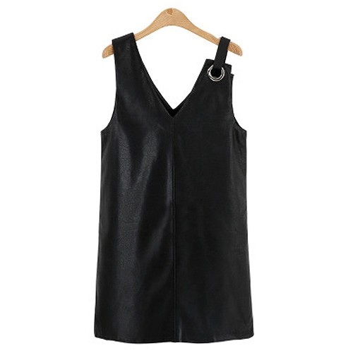レディース　ワンピース　ノースリーブ　無地　Vネック　スリム　膝上丈　PUレザー　大人カジュアル　パンク　ロック　フリーサイズ　シンプル　リゾート　デイリー　お出かけ　デート　ブラック　送料無料
