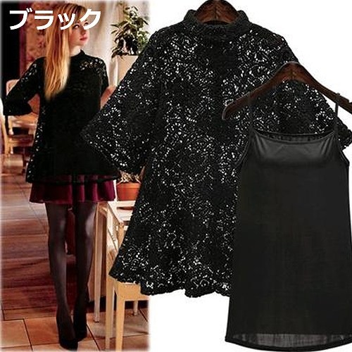 レディース　トップス　アンサンブル　キャミソール　半袖　カットソー　レース　無地　シンプル　カジュアル　大人可愛い　大きいサイズ　フェミニン　オフィス　OL　通勤　デート　お出かけ　デイリー　ホワイト　ブラック　送料無料