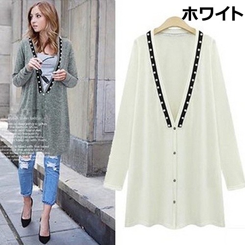 レディース　トップス　カーディガン　ロング　長袖　大きめVネック　無地　ゆったり　シンプル　カジュアル　大きいサイズ　大人可愛い　フェミニン　オフィス　デート　お出かけ　デイリー　ホワイト　グレー　送料無料