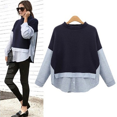 レディース　トップス　シャツ　カットソー　バイカラー　ラウンドネック　長袖　シンプル　無地　大きいサイズ　カジュアル　大人可愛い　デート　お出かけ　デイリー　ブラック　送料無料