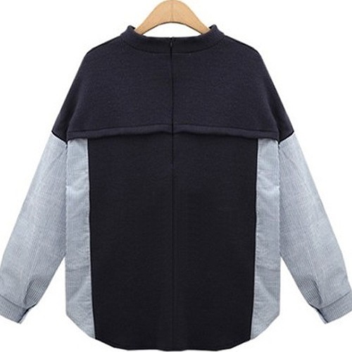 レディース　トップス　シャツ　カットソー　バイカラー　ラウンドネック　長袖　シンプル　無地　大きいサイズ　カジュアル　大人可愛い　デート　お出かけ　デイリー　ブラック　送料無料