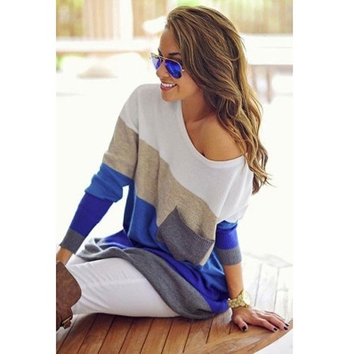 レディース　トップス　カットソー　ラウンドネック　大きめボーダー　長袖　シンプル　無地　大きいサイズ　カジュアル　大人可愛い　デート　お出かけ　デイリー　ホワイト×ブラウン×ブルー　送料無料