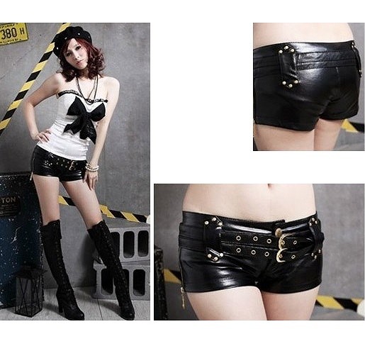 レディース　ショートパンツ　パンツ　ボトムス　ミニ　ダンス　ヒップホップ　黒　ブラック　ベルト付　革風　ナイロン　送料無料