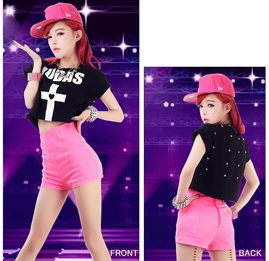 レディース　Tシャツ　トップス　ショートパンツ　ミニ　パンツ　セット　黒　ブラック　ピンク　ヒップホップ　ダンス　ステージ　衣装　送料無料