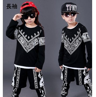 子供服　キッズ　ボーイ　ガール　男　女　兼用　長袖　トップス　パンツ　セット　黒　ブラック　ヒップホップ　ダンス　衣装　送料無料