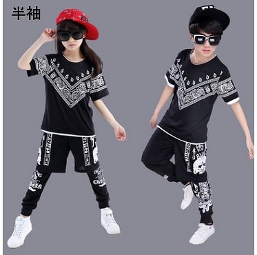 子供服　キッズ　ボーイ　ガール　男　女　兼用　長袖　トップス　パンツ　セット　黒　ブラック　ヒップホップ　ダンス　衣装　送料無料