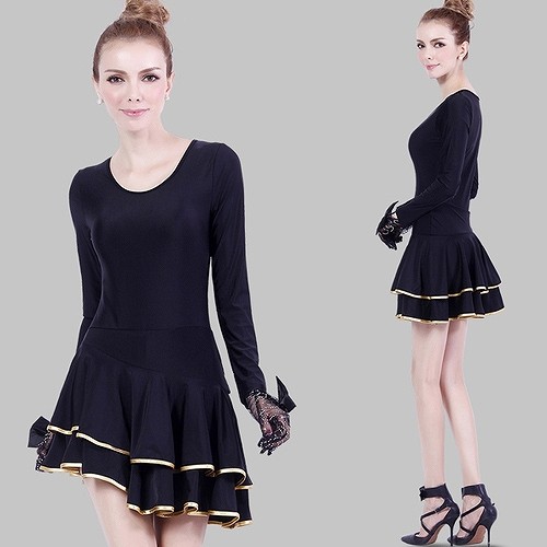 レディース　ドレス　ダンス　ラテンダンス　衣装　パーティー　社交ダンス　舞台　発表会　結婚式　演奏会　ステージ　イベント　モダンダンス　タンゴ　ミニドレス　ワンピース　フォーマル　エレガント　セクシー　ブラック×ゴールド　送料無料