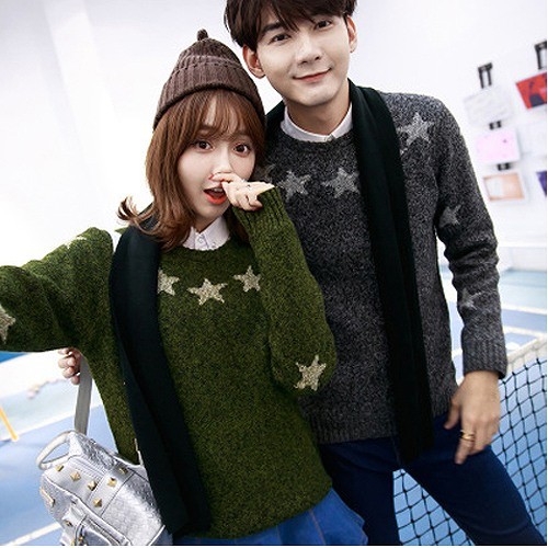 ペアルック　カップル　ニット　セーター　クルーネック　冬　長袖　トップス　お揃い　カジュアル　かわいい　おしゃれ　部屋着　セット　ご夫婦　メンズ　レディース　ユニセックス　男女兼用　グリーン　グレー　S　M　L　XL　XXL　送料無料