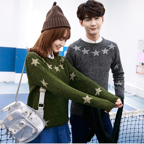 ペアルック　カップル　ニット　セーター　クルーネック　冬　長袖　トップス　お揃い　カジュアル　かわいい　おしゃれ　部屋着　セット　ご夫婦　メンズ　レディース　ユニセックス　男女兼用　グリーン　グレー　S　M　L　XL　XXL　送料無料