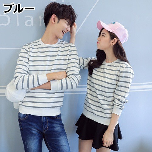 ペアルック　カップル　ボーダー　ニット　セーター　クルーネック　長袖　トップス　お揃い　カジュアル　かわいい　おしゃれ　部屋着　セット　ご夫婦　メンズ　レディース　ユニセックス　男女兼用　ブラック　ブルー　グレー　S　M　L　XL　XXL　送料無料