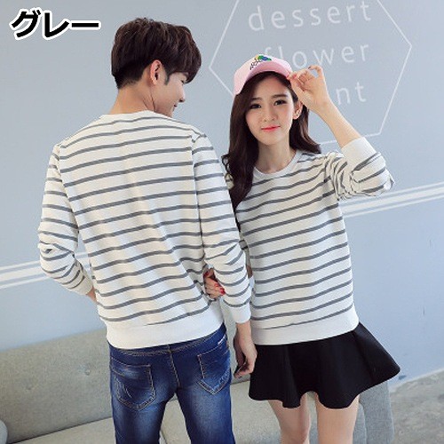 ペアルック　カップル　ボーダー　ニット　セーター　クルーネック　長袖　トップス　お揃い　カジュアル　かわいい　おしゃれ　部屋着　セット　ご夫婦　メンズ　レディース　ユニセックス　男女兼用　ブラック　ブルー　グレー　S　M　L　XL　XXL　送料無料