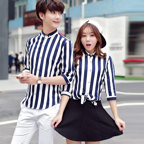 ペアルック　カップル　ストライプ　5分丈　シャツ　ボタンダウンシャツ　お揃い　カジュアル　かわいい　おしゃれ　シンプル　部屋着　セット　ご夫婦　メンズ　レディース　ユニセックス　男女兼用　S　M　L　XL　ネイビー×ホワイト　送料無料