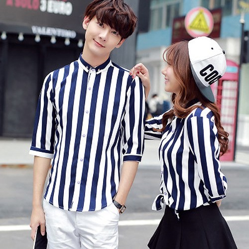 ペアルック　カップル　ストライプ　5分丈　シャツ　ボタンダウンシャツ　お揃い　カジュアル　かわいい　おしゃれ　シンプル　部屋着　セット　ご夫婦　メンズ　レディース　ユニセックス　男女兼用　S　M　L　XL　ネイビー×ホワイト　送料無料