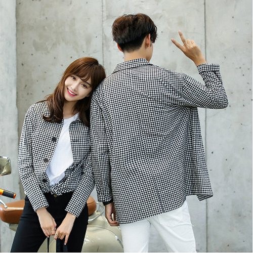 ペアルック　カップル　ギンガクチェック　シャツ　長袖　お揃い　カジュアル　かわいい　おしゃれ　シンプル　部屋着　セット　ご夫婦　メンズ　レディース　ユニセックス　男女兼用　S　M　L　XL　XXL　ブラック×ホワイト　送料無料