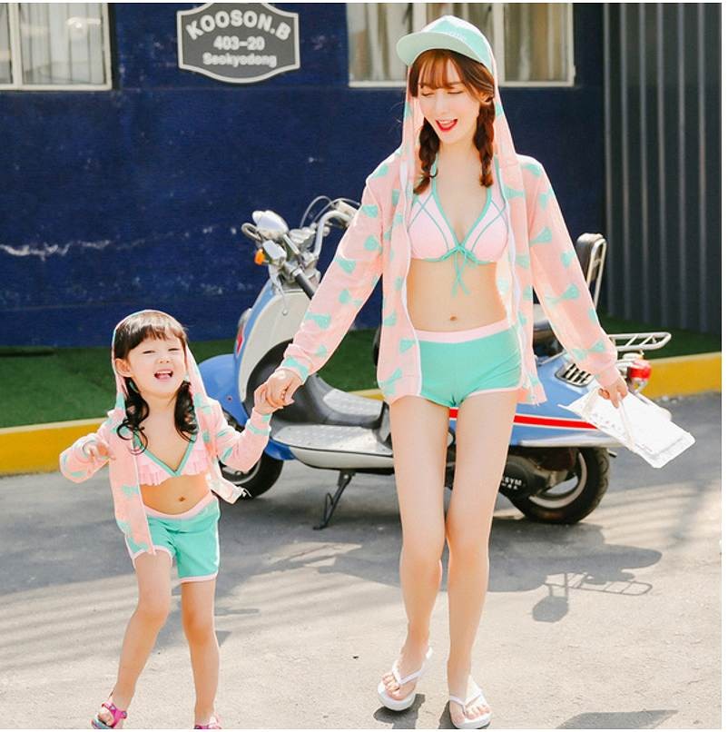 レディース　ショートパンツビキニ　ラッシュパーカー　水着　親子　ペアルック　夏　海　プール　海水浴　レジャー　アウトドア　旅行　ピンク　イエロー　送料無料