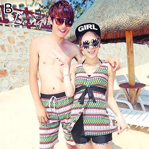 レディース　水着　ペアセット　タンキニ　ロンパース　ワンピース　リボン　ノースリーブ　セパレート　体型カバー　大きいサイズ　ペアルック　メンズ　ハーフパンツ　お揃い　柄物　夏　ビーチ　リゾート　海水浴　プール　ブルー　ネイビー　ピンク グリーン　送料無料