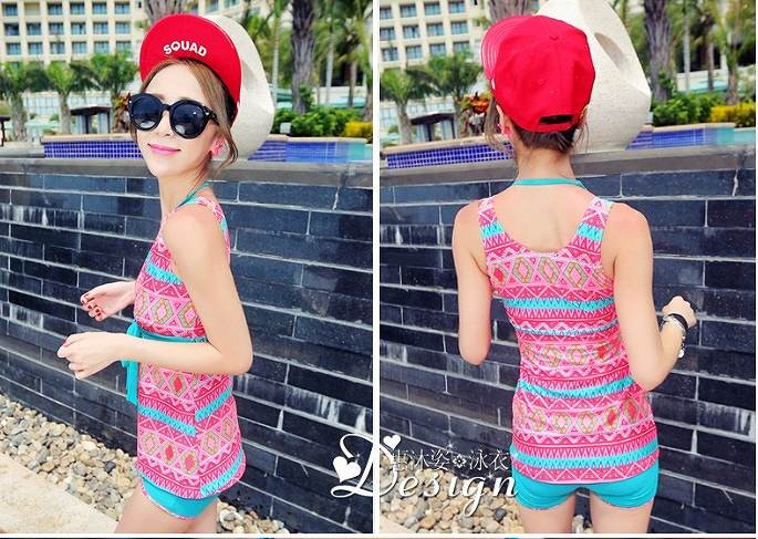 レディース　水着　ペアセット　タンキニ　ロンパース　ワンピース　リボン　ノースリーブ　セパレート　体型カバー　大きいサイズ　ペアルック　メンズ　ハーフパンツ　お揃い　柄物　夏　ビーチ　リゾート　海水浴　プール　ブルー　ネイビー　ピンク グリーン　送料無料