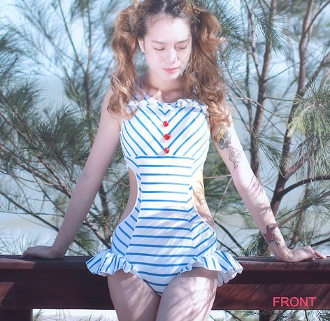 水着　レディース　フリル　ボーダー　ストライプ　女性用　体型カバー　女の子　キュート　かわいい　セクシー　海外　夏　海　プール　スイムウェア　M　L　XL　ブルー　水色　ホワイト　送料無料