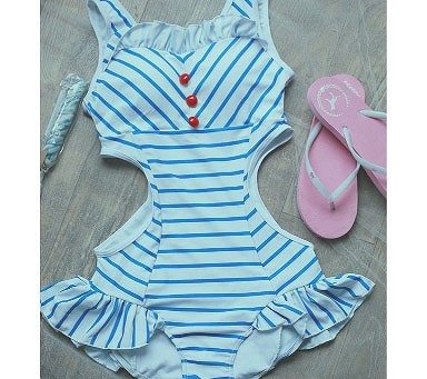 水着　レディース　フリル　ボーダー　ストライプ　女性用　体型カバー　女の子　キュート　かわいい　セクシー　海外　夏　海　プール　スイムウェア　M　L　XL　ブルー　水色　ホワイト　送料無料