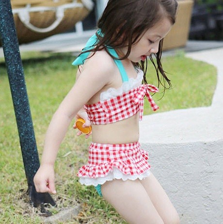 水着　女の子　キッズ　ジュニア　ビキニ　ホルターネック　ギンガムチェック　子供　韓国　子供服　フリル　キュート　かわいい　夏　海　プール　ビーチ　スイムウェア　910111213cm　レッド　ブルー　送料無料