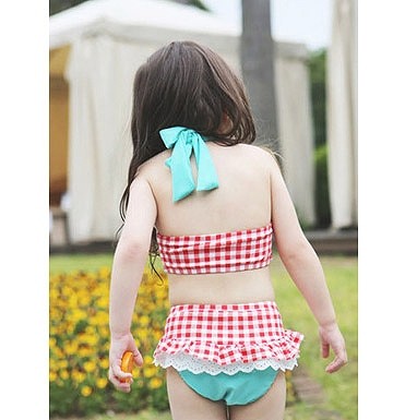 水着　女の子　キッズ　ジュニア　ビキニ　ホルターネック　ギンガムチェック　子供　韓国　子供服　フリル　キュート　かわいい　夏　海　プール　ビーチ　スイムウェア　9101112130 cm　レッド　ブルー　送料無料