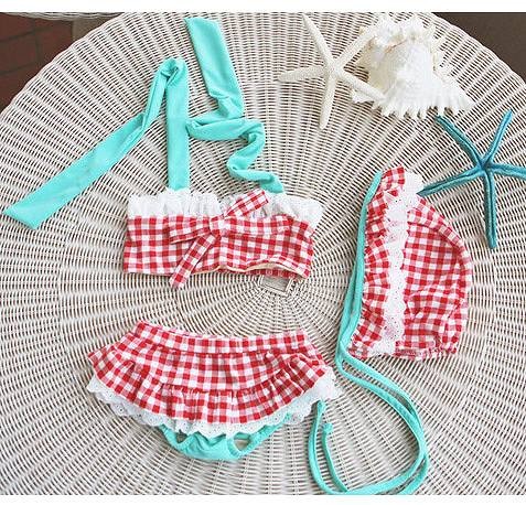 水着　女の子　キッズ　ジュニア　ビキニ　ホルターネック　ギンガムチェック　子供　韓国　子供服　フリル　キュート　かわいい　夏　海　プール　ビーチ　スイムウェア　9101112130cm　レッド　ブルー　送料無料