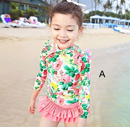 水着　女の子　キッズ　ジュニア　長袖　花柄　フリル　スカート　子供　韓国　子供服　キュート　かわいい　夏　海　プール　ビーチ　スイムウェア　9101112131415160cm　ピンク　イエロー　送料無料