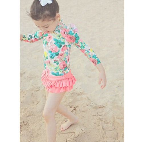 水着　女の子　キッズ　ジュニア　長袖　花柄　フリル　スカート　子供　韓国　子供服　キュート　かわいい　夏　海　プール　ビーチ　スイムウェア　9101112131415160cm　ピンク　イエロー　送料無料