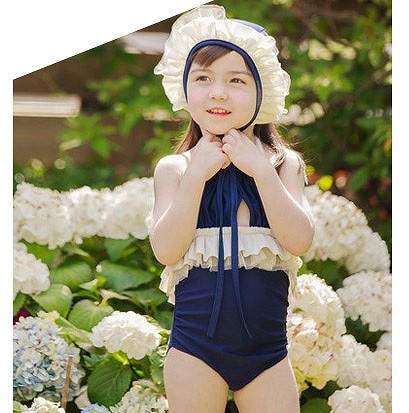 水着　女の子　キッズ　ジュニア　ホルターネック　帽子　キャップ　フリル　レース　子供　韓国　子供服　キュート　かわいい　夏　海　プール　ビーチ　スイムウェア　10111213cm　ネイビー　紺　無地　送料無料