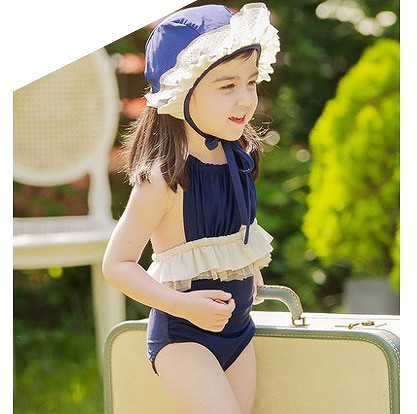 水着　女の子　キッズ　ジュニア　ホルターネック　帽子　キャップ　フリル　レース　子供　韓国　子供服　キュート　かわいい　夏　海　プール　ビーチ　スイムウェア　10111213cm　ネイビー　紺　無地　送料無料