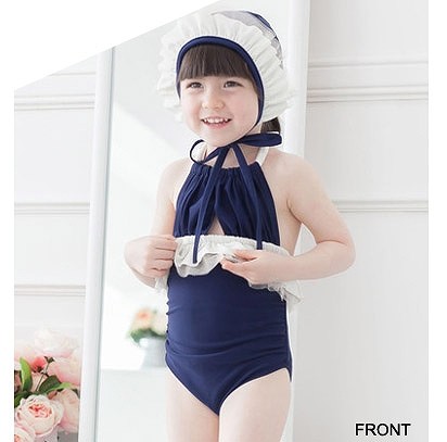 水着　女の子　キッズ　ジュニア　ホルターネック　帽子　キャップ　フリル　レース　子供　韓国　子供服　キュート　かわいい　夏　海　プール　ビーチ　スイムウェア　10111213cm　ネイビー　紺　無地　送料無料