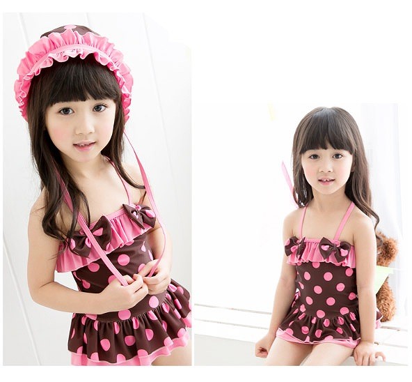 水着　女の子　キッズ　ジュニア　水玉　ドット　フリル　帽子　キャップ　ワンピース　子供　韓国　子供服　キュート　かわいい　夏　海　プール　ビーチ　スイムウェア　10111213cm　ブラウン×ピンク　ブルー×ピンク　送料無料