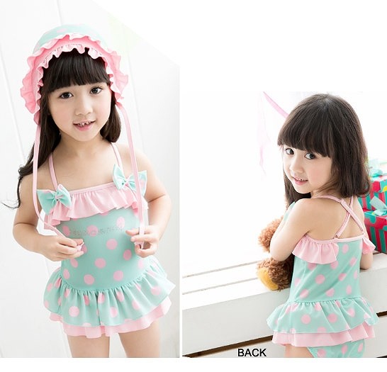 水着　女の子　キッズ　ジュニア　水玉　ドット　フリル　帽子　キャップ　ワンピース　子供　韓国　子供服　キュート　かわいい　夏　海　プール　ビーチ　スイムウェア　10111213cm　ブラウン×ピンク　ブルー×ピンク　送料無料