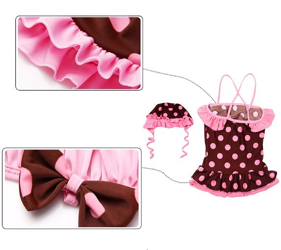 水着　女の子　キッズ　ジュニア　水玉　ドット　フリル　帽子　キャップ　ワンピース　子供　韓国　子供服　キュート　かわいい　夏　海　プール　ビーチ　スイムウェア　10111213cm　ブラウン×ピンク　ブルー×ピンク　送料無料