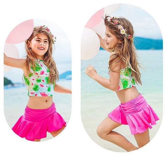 水着　女の子　キッズ　ジュニア　トップス　スカート　柄　子供　韓国　子供服　キュート　かわいい　夏　海　プール　ビーチ　スイムウェア　1213141516cm　ピンク　パープル　イエロー　送料無料