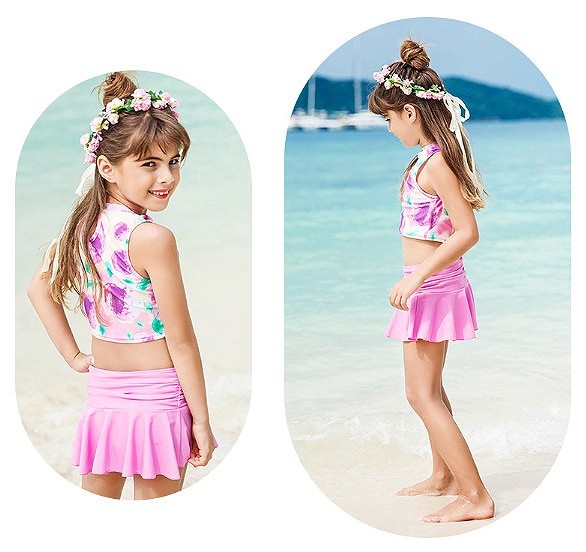 水着　女の子　キッズ　ジュニア　トップス　スカート　柄　子供　韓国　子供服　キュート　かわいい　夏　海　プール　ビーチ　スイムウェア　1213141516cm　ピンク　パープル　イエロー　送料無料