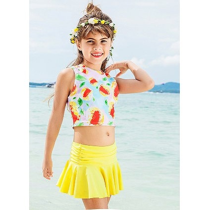 水着　女の子　キッズ　ジュニア　トップス　スカート　柄　子供　韓国　子供服　キュート　かわいい　夏　海　プール　ビーチ　スイムウェア　1213141516cm　ピンク　パープル　イエロー　送料無料