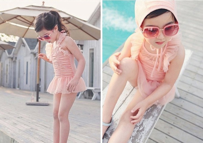 キッズ　ジュニア　女の子　水着　バンドゥ　ワンピース　キャップ　セット　無地　シフォン　スイムウェア　かわいい　キュート　夏　ビーチ　リゾート　マリン　海水浴　プール　スイミング　ピンク　送料無料