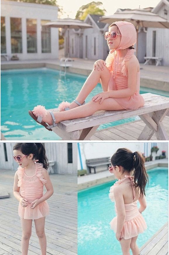 キッズ　ジュニア　女の子　水着　バンドゥ　ワンピース　キャップ　セット　無地　シフォン　スイムウェア　かわいい　キュート　夏　ビーチ　リゾート　マリン　海水浴　プール　スイミング　ピンク　送料無料