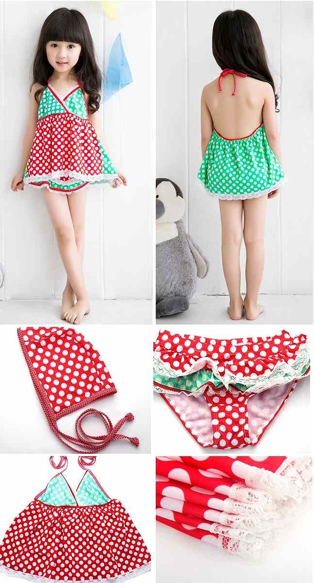 キッズ　ジュニア　女の子　水着　ワンピース　セット　ドット柄　水玉　レース　総柄　スイムウェア　かわいい　キュート　夏　ビーチ　リゾート　マリン　海水浴　プール　スイミング　ブラック　レッド　送料無料
