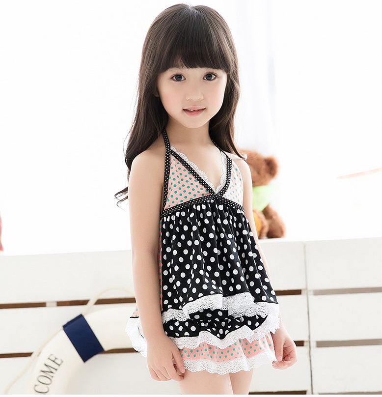 キッズ　ジュニア　女の子　水着　ワンピース　セット　ドット柄　水玉　レース　総柄　スイムウェア　かわいい　キュート　夏　ビーチ　リゾート　マリン　海水浴　プール　スイミング　ブラック　レッド　送料無料