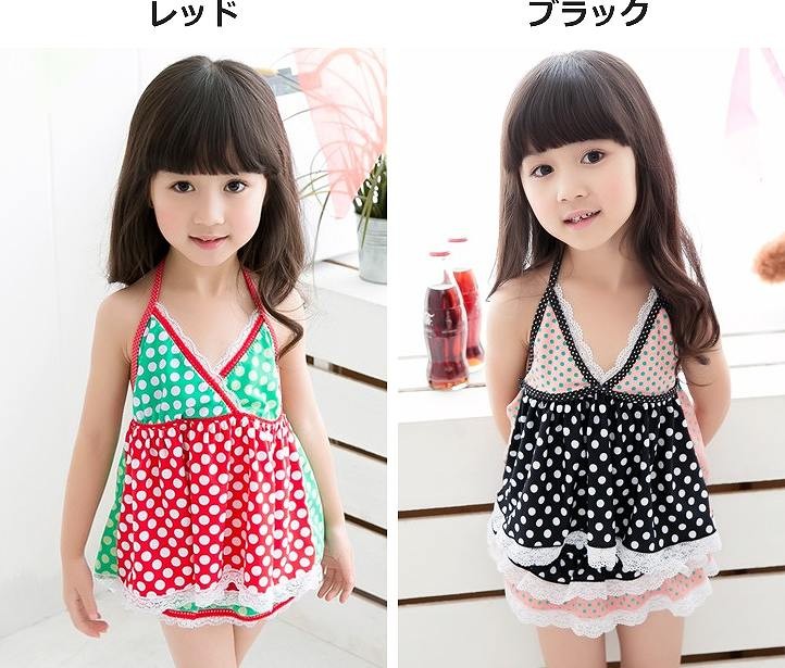 キッズ　ジュニア　女の子　水着　ワンピース　セット　ドット柄　水玉　レース　総柄　スイムウェア　かわいい　キュート　夏　ビーチ　リゾート　マリン　海水浴　プール　スイミング　ブラック　レッド　送料無料