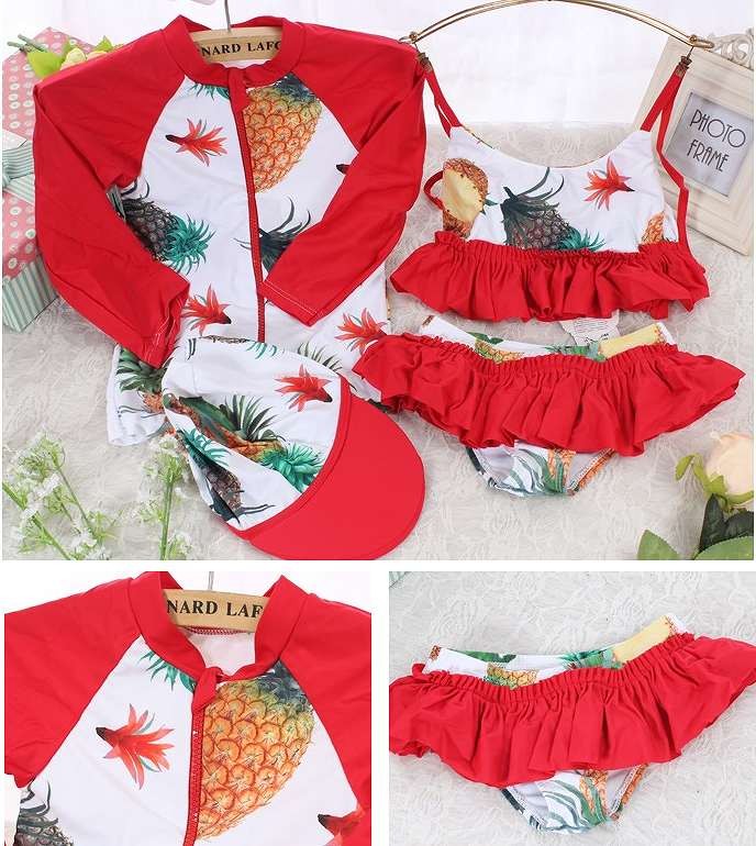 キッズ　ジュニア　女の子　水着　ビキニ　ラッシュガード　セット　キャップ　ドット柄　フルーツ柄　フリル　スイムウェア　かわいい　キュート　夏　ビーチ　リゾート　マリン　海水浴　プール　スイミング　ブラック　レッド　送料無料